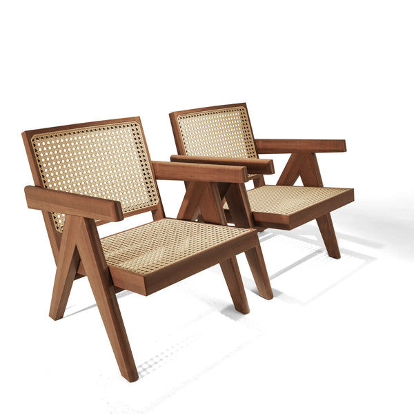 Pierre Jeanneret Chandigarh Solid Walnut & Cane Rattan Lounge Easy Armchairs Set of 2
