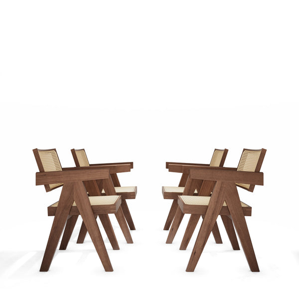 Pierre Jeanneret Chandigarh Cane Dining Chairs Set of 4 in Solid Walnut