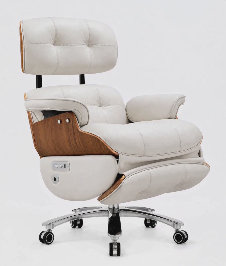 360-degree view of the white top-grain leather power reclining office chair with teak veneer shell