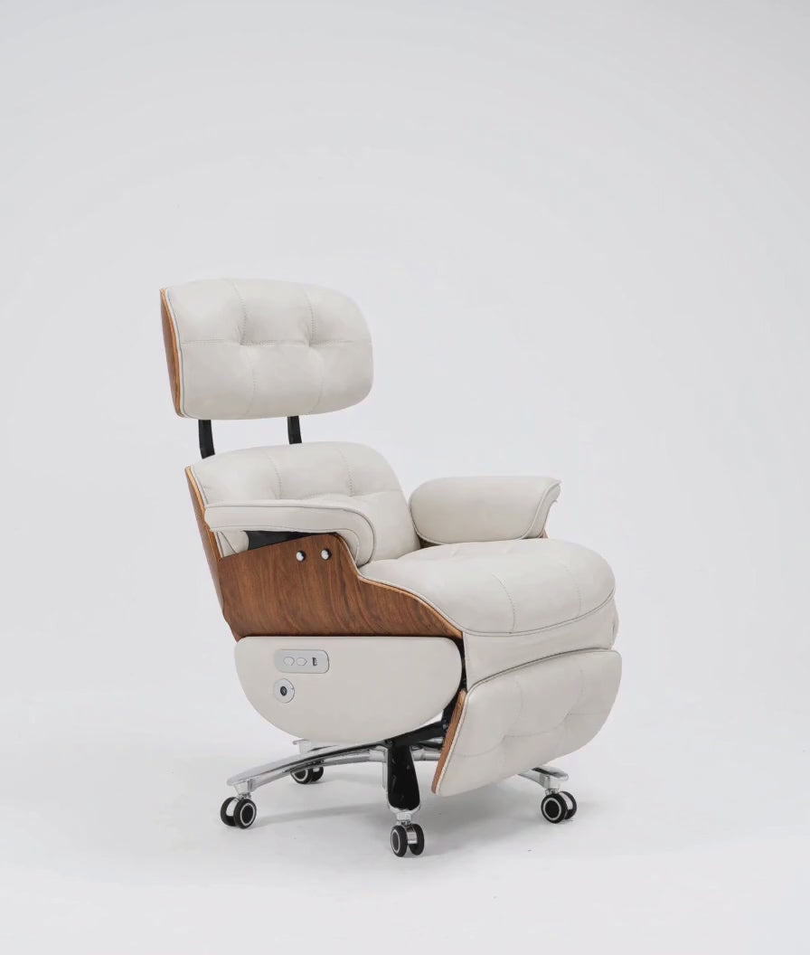 Power recline and extendable footrest demonstration on the white leather and teak executive office chair