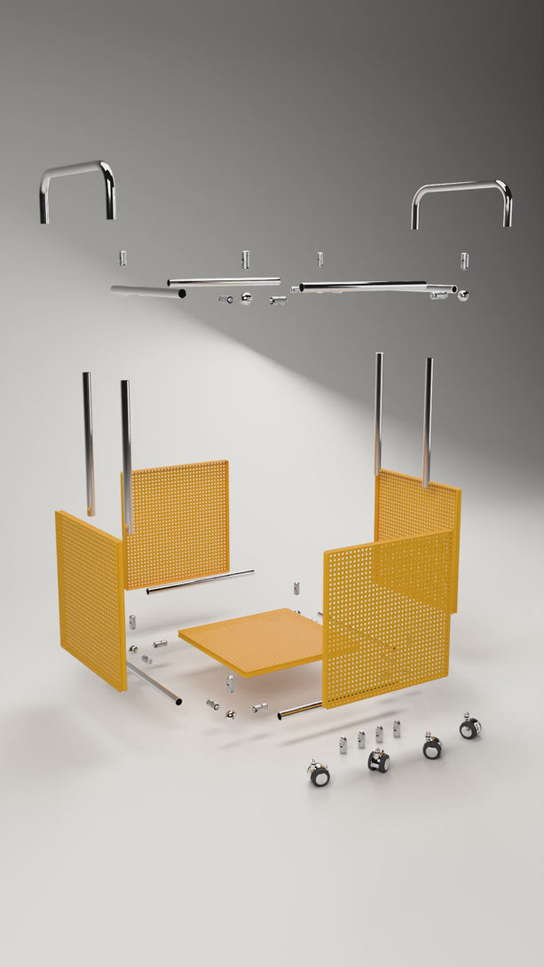 USM Haller style rolling book cart assembly film: the yellow cart is built from chrome tubes, ball connectors, perforated steel panels, two push handles and casters, then rolls up beside a lounge chair and fills with books.