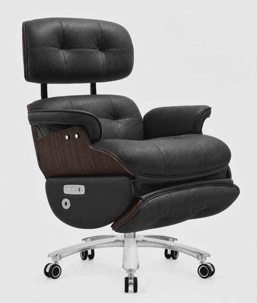 360-degree view of the black top-grain leather power reclining office chair with dark walnut veneer shell