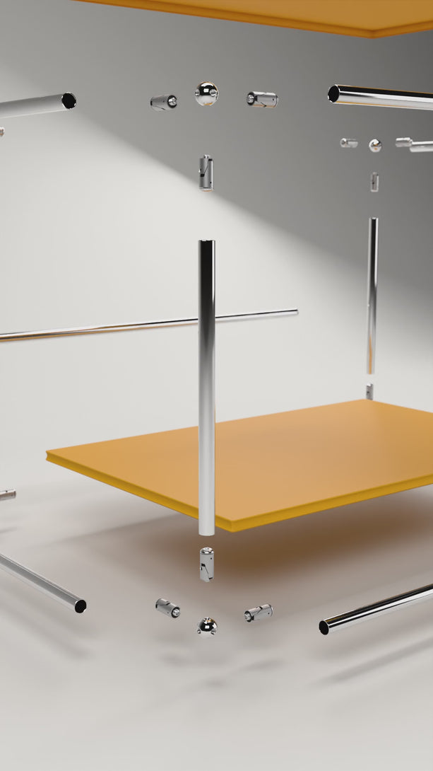 Close-up film: a USM Haller style frame is assembled from tubes, ball connectors and panels and locked with a hex key