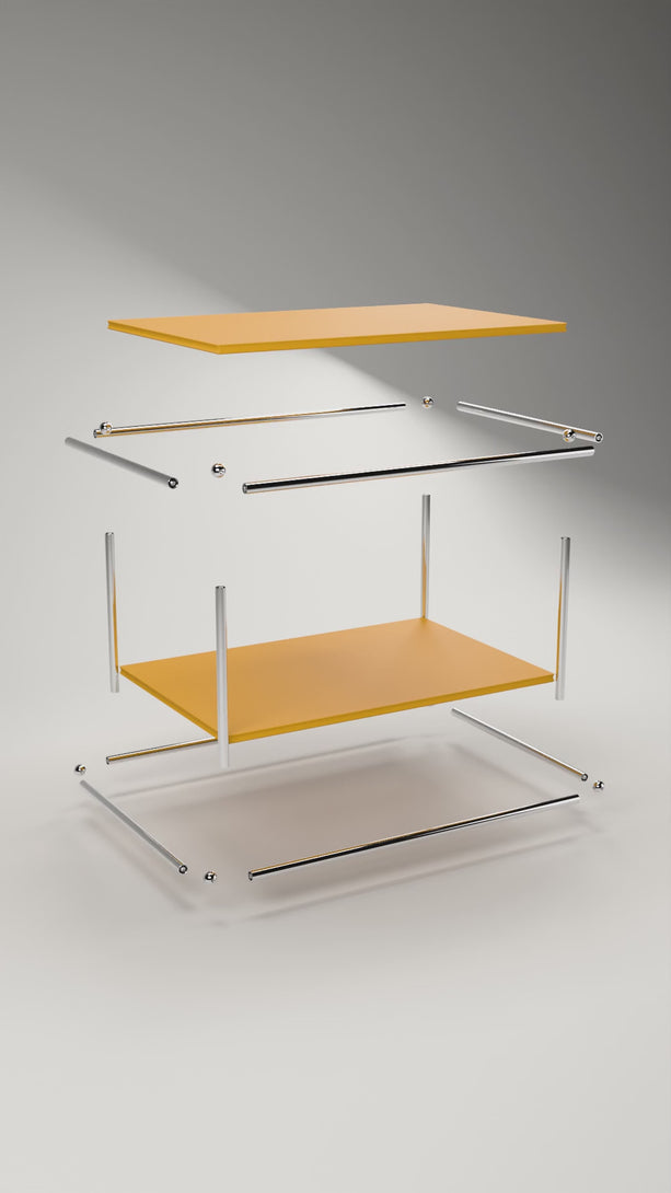 USM Haller style coffee table film: the yellow table assembles from its panels, chromed tubes and ball connectors, a hex key locks a ball joint, then the panels change from white to graphite black to golden yellow.